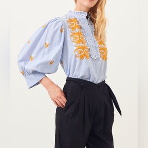 Antik Batik Mexica embroidered puff-sleeve blouse blue white striped Large